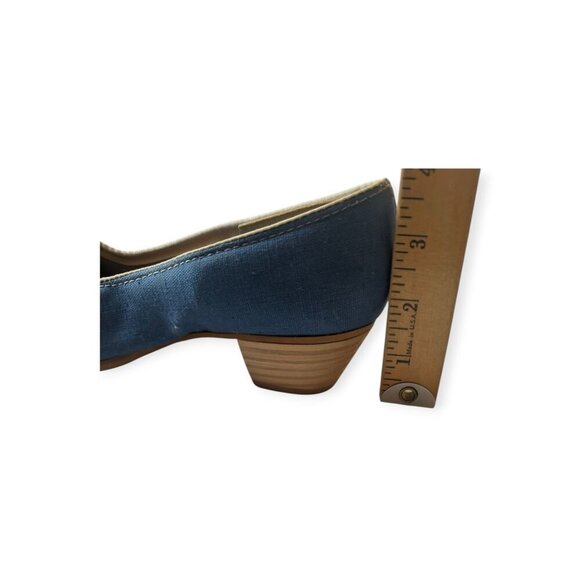 Vintage Blue Canvas Peep Toe Heels w/ Lace-Up Front | Stacked Heel | Size 7 - Picture 8 of 10